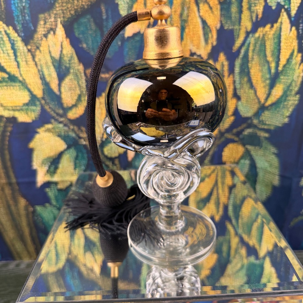 Vintage Art Glass Perfume Bottle Atomizer Mercury Glass Silver Black Tassel 8"